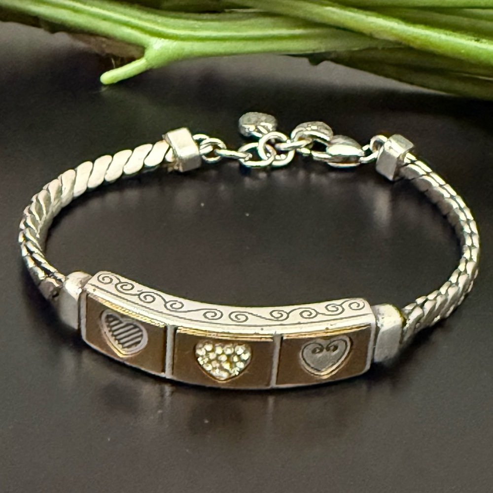 Retired BRIGHTON Triple Heart Silverplated With Gold Heart ID 8” Bracelet 29g.
